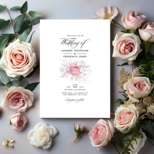 Pink Silver and White Floral Wedding Invitation