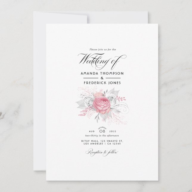 Pink, Silver and White Floral Wedding Invitation (Front)