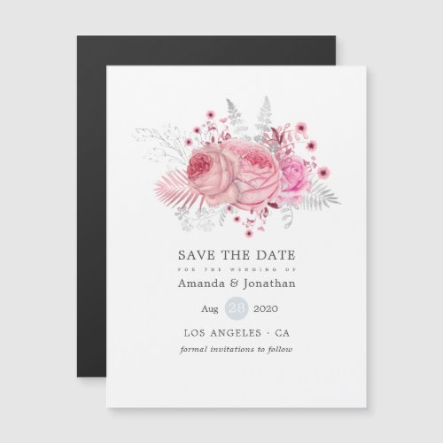 Pink Silver and White Floral Wedding Save the Date Magnetic Invitation
