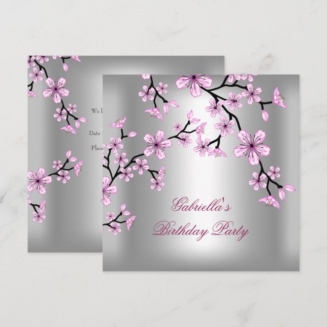 Pink Silver Asian Floral Birthday Party Invitation (Front/Back)