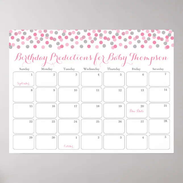 Pink Silver Baby Birthday Prediction Calendar Poster | Zazzle