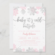 Pink Silver Baby Its Cold Outside Girl Baby Shower Invitation
