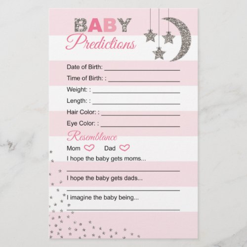 Pink silver baby prediction card shower activity