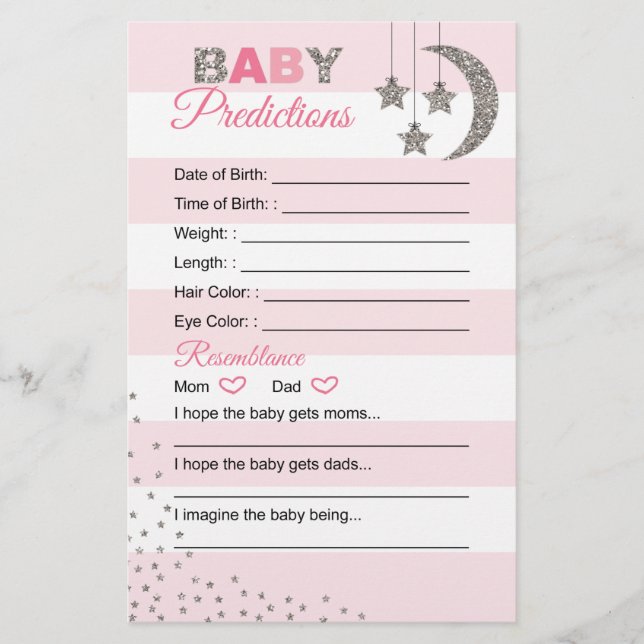Pink silver baby prediction card shower activity (Front)