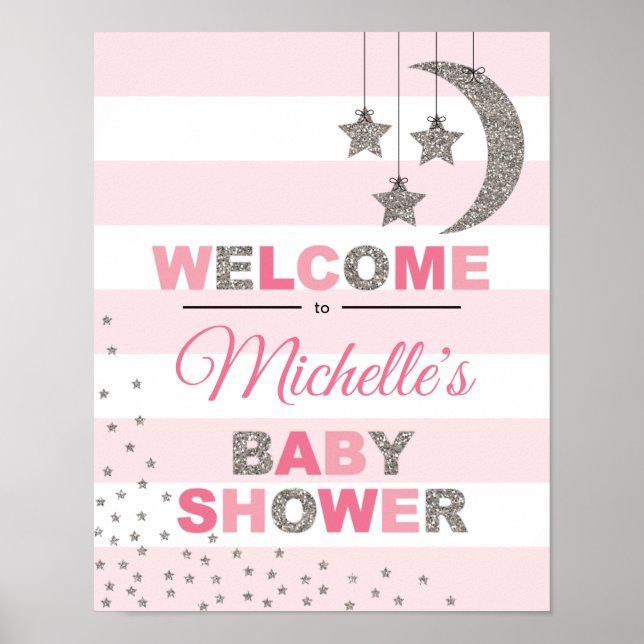 pink silver baby shower decoration welcome sign (Front)