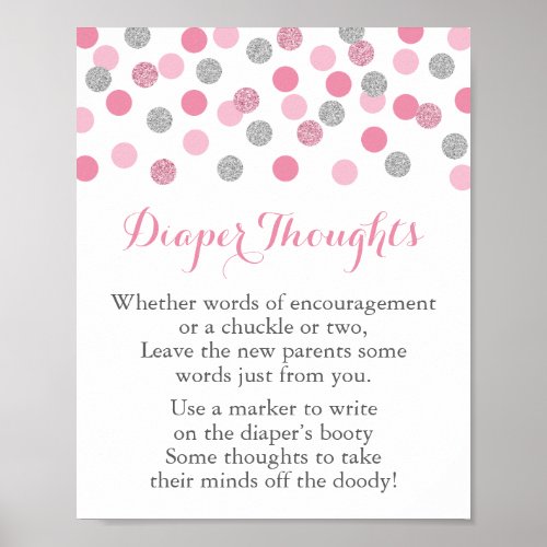 Pink Silver Baby Shower Diaper Thoughts Game Sign