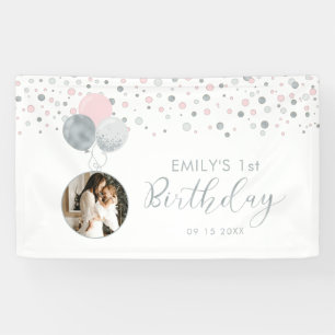 Pink & Silver Balloon 1st Birthday Photo Banner