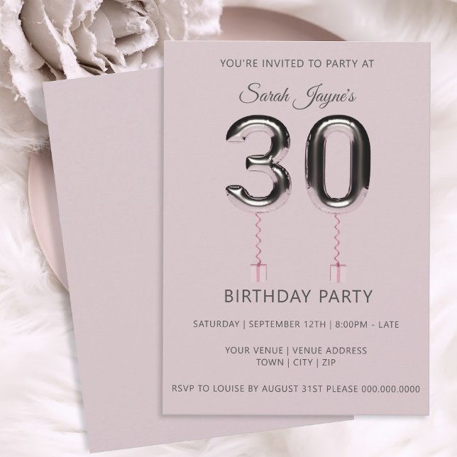Pink Silver Balloon 30th Birthday Party Invitation (Happy Birthday! If you're celebrating your 30th, here's a blush pink & silver party invitation)