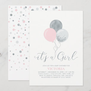 Pink & Silver Balloons It's a Girl Baby Shower Invitation