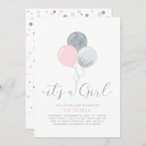 Pink  Silver Balloons  Its a Girl Baby Shower Invitation