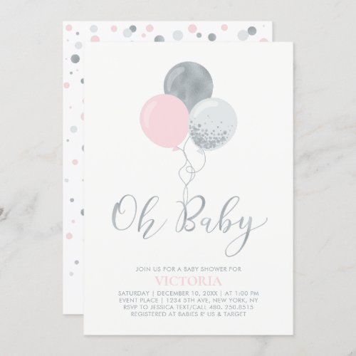 Pink  Silver Balloons  Oh Baby Girl Baby Shower Invitation