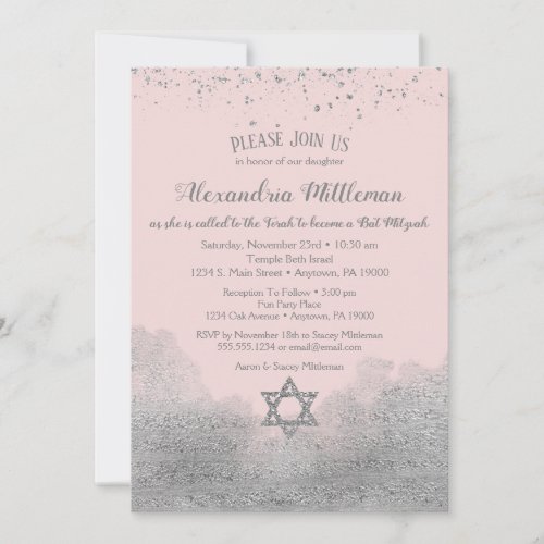 Pink Silver Bat Mitzvah Invitation