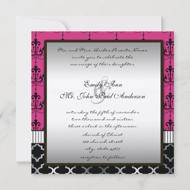 Pink Silver & Black Chandelier Wedding Invite (Front)