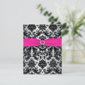 Pink, Silver, Black Damask Bat Mitzvah Reply Card (Standing Front)