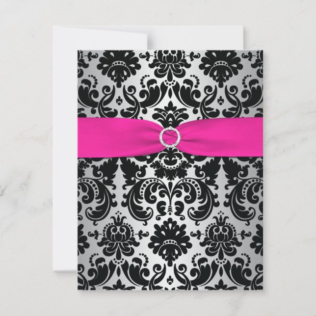 Pink, Silver, Black Damask Bat Mitzvah Reply Card (Front)
