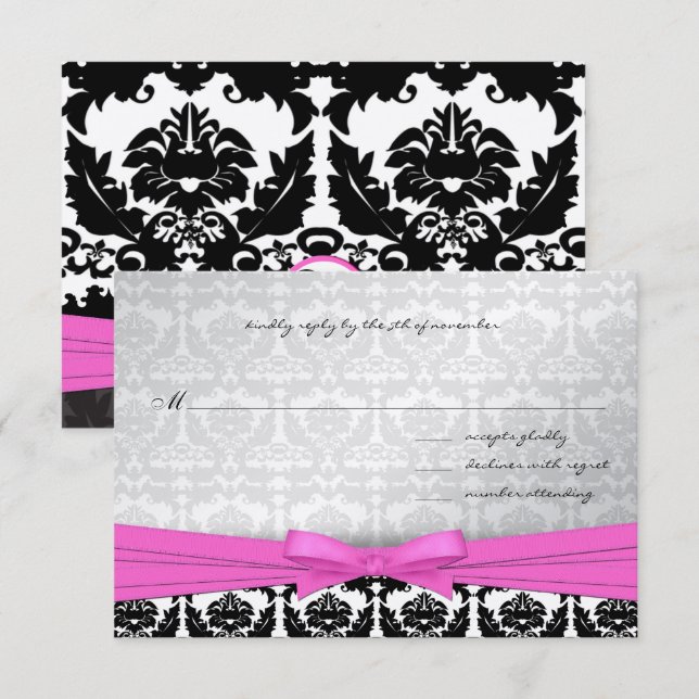 Pink Silver & Black Damask Swirls Wedding Invite (Front/Back)
