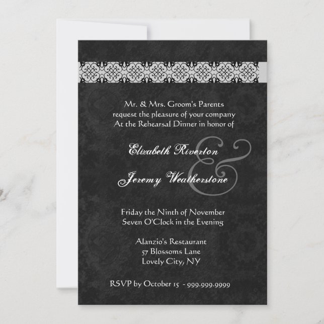 PINK SILVER BLACK Elegant Rose Rehearsal Dinner Invitation (Front)