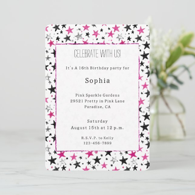  Pink Silver Black Stars Birthday Invitation (Standing Front)