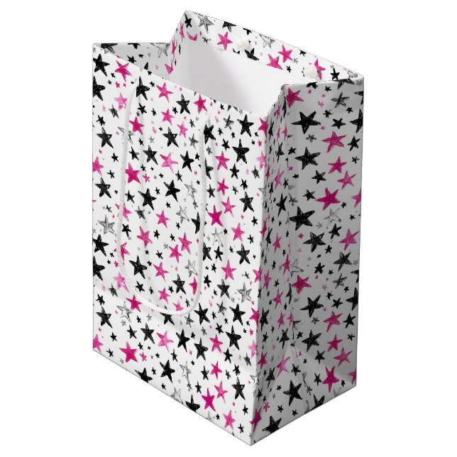  Pink Silver Black Stars Birthday Medium Gift Bag (Front Angled)