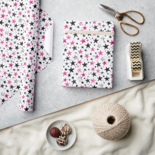 Pink Silver Black Stars Birthday Wrapping Paper