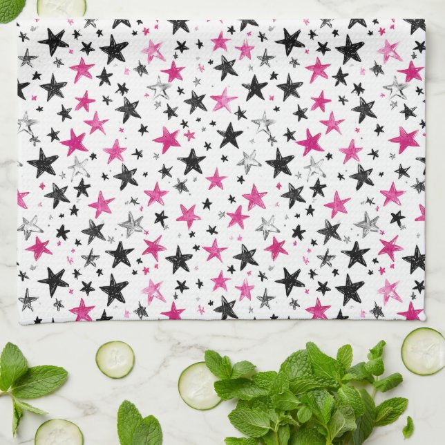 Pink Silver Black Stars Kitchen Towel (Folded)