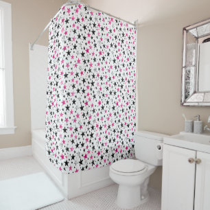 Pink Silver Black Stars Shower Curtain