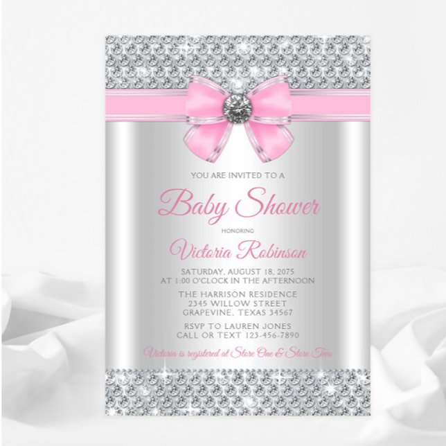 Pink Silver Bling Glam Baby Girl Shower Invitation (You can change all of the text, fonts, etc.)