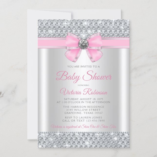 Pink Silver Bling Glam Girl Baby Shower Invitation (Front)