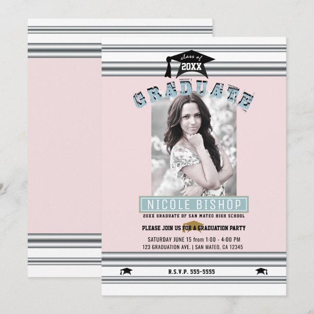 Pink Silver Blue Elegant Photo Graduation Party  Invitation (Front/Back)
