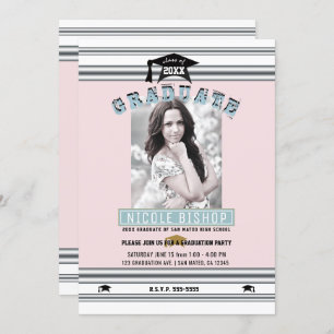Pink Silver Blue Elegant Photo Graduation Party Invitation