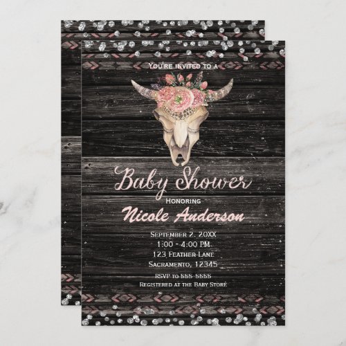 Pink  Silver Boho Floral Skull Rustic Baby Shower Invitation