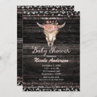 Pink & Silver Boho Floral Skull Rustic Baby Shower Invitation