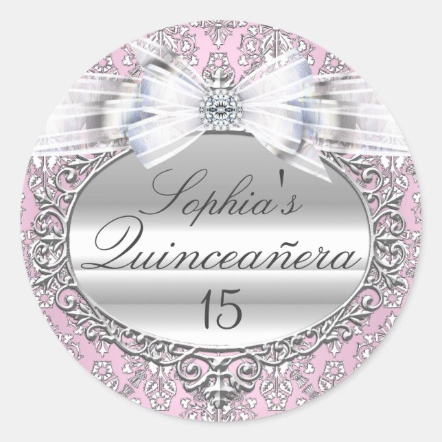 Pink & Silver Bow Quinceanera Sticker (Front)