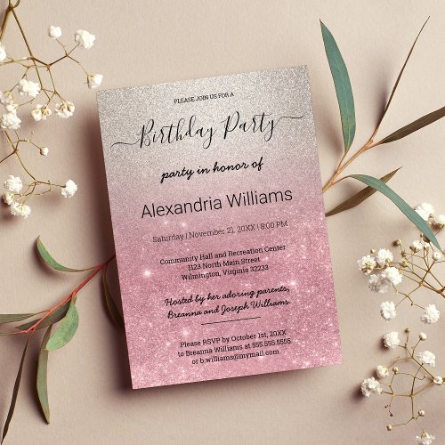 Pink Silver Brushstroke Glitter Birthday Party Invitation