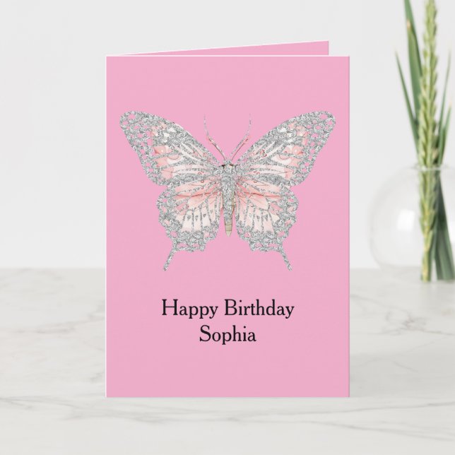 Pink Silver Butterfly Birthday Card (Front)