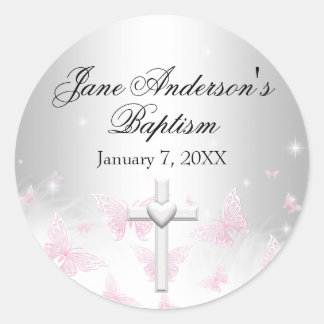Pink Silver Butterfly Cross Baptism Sticker