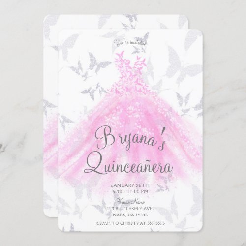 Pink Silver Butterfly Dance Dress Quinceaera Invitation