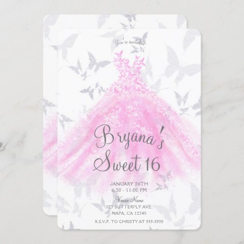 Pink Silver Butterfly Dance Dress Sweet 16 Party  Invitation