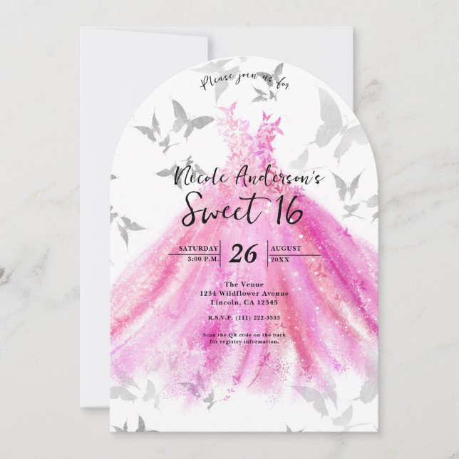 Pink Silver Butterfly Dance Sweet 16 Birthday  Invitation (Front)