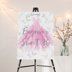 Pink Silver Butterfly Dance Sweet 16 Welcome Sign