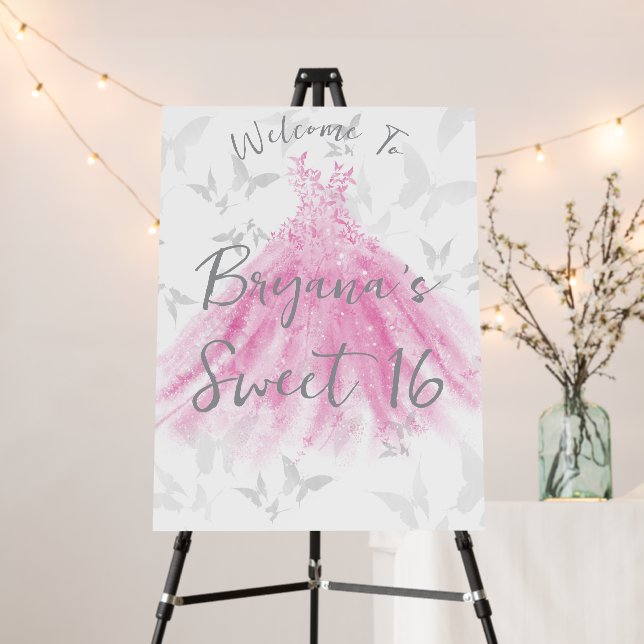 Pink Silver Butterfly Dance Sweet 16 Welcome Sign (In Situ (Stand))