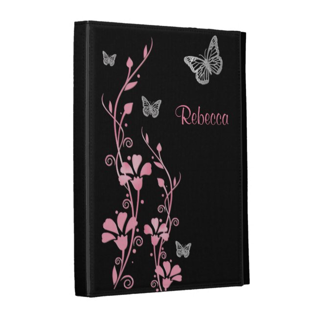 Pink, Silver Butterfly Floral iPad (1,2,3) Folio Case (Front Spine)