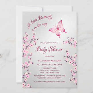 Pink Silver Butterfly | Girl Baby Shower Invitation