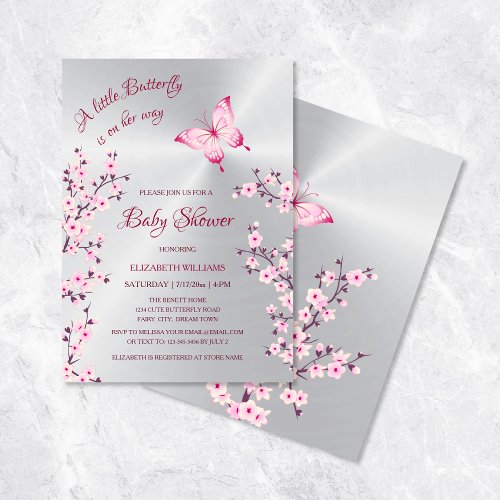 Pink Silver Butterfly  Girl Baby Shower  Invitation