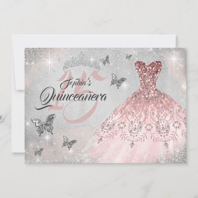 Pink Silver Butterfly Sparkle Dress Quinceanera Invitation (Front)