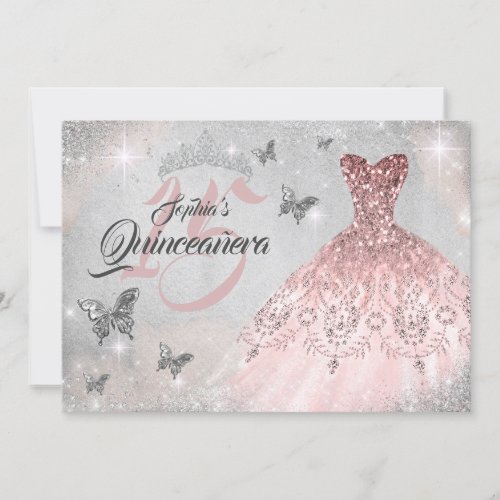 Pink Silver Butterfly Sparkle Dress Quinceanera Invitation