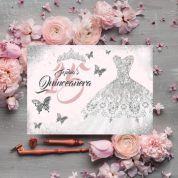 Pink Silver Butterfly Sparkle Dress Quinceanera Invitation by LittleBayleigh at Zazzle