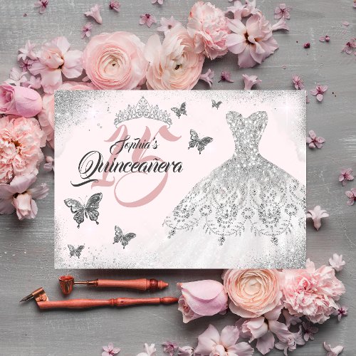 Pink Silver Butterfly Sparkle Dress Quinceanera Invitation