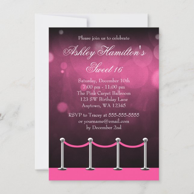 Pink Silver Carpet Hollywood Sweet 16 Birthday Invitation (Front)