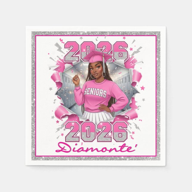 Pink & Silver Class of 2026 Senior Graduation Napkins (Front)